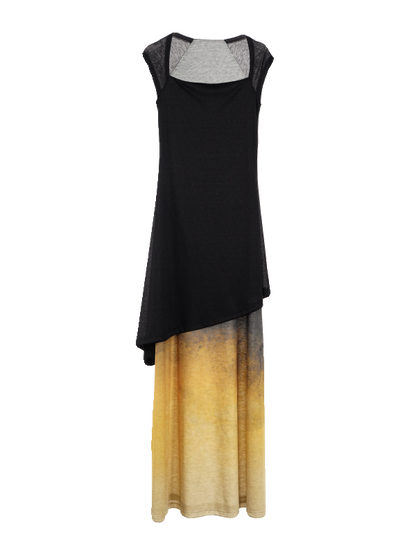 Gradient Printed Square Neck Layered Long Dress