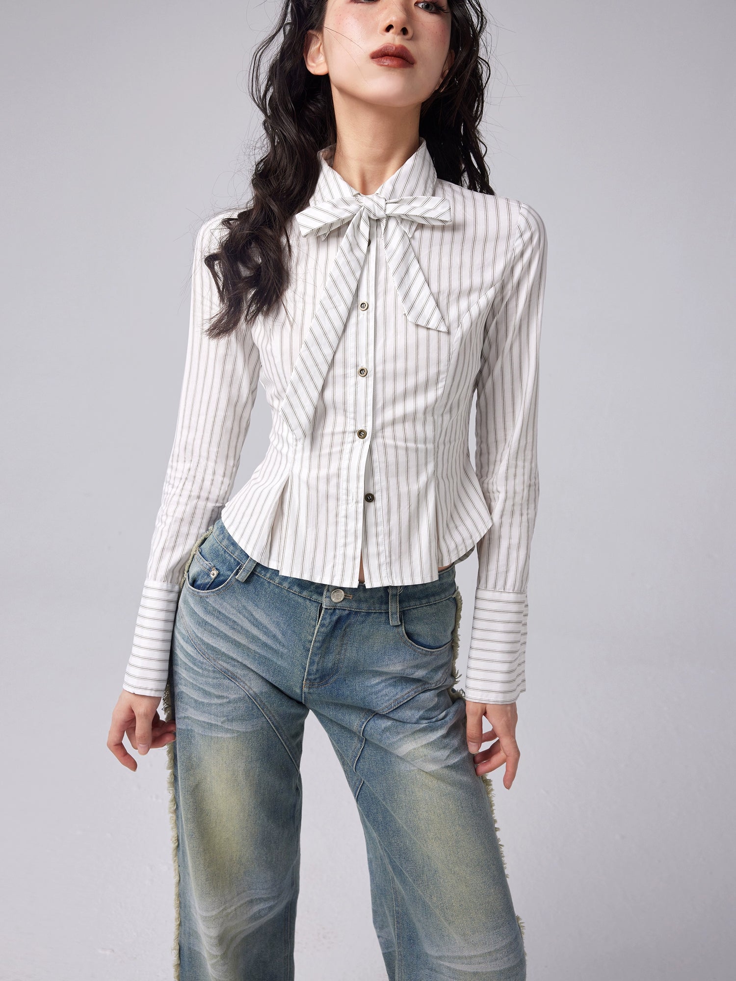 Retro Striped Multiple Tie Waist Short Shirt