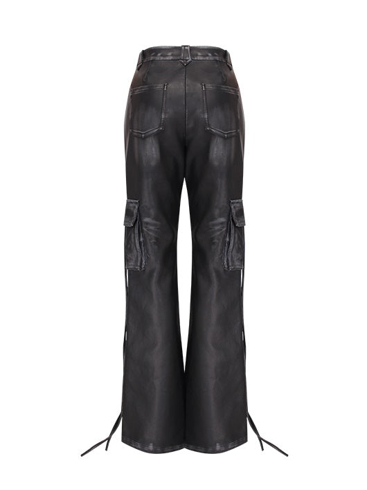 Slim Fit Slightly Flared Distressed Leather Pants