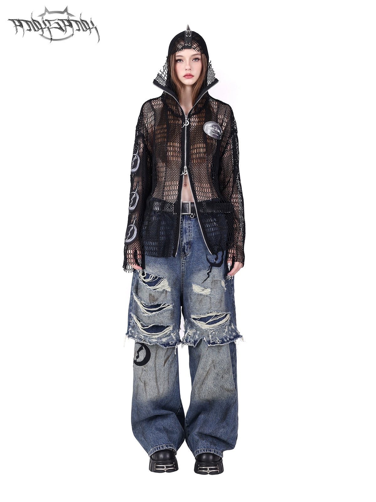 Rivet Punk Hooded Mesh Patch Patch Broidered Veste