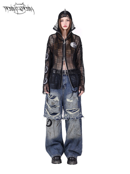 Rivet Punk Hooded Mesh Patch Patch Broidered Veste