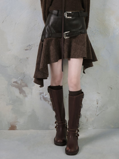 Belt Accent Irregular Thin Leather Switching Skirt