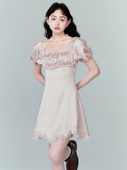 Beaded Chain Frill Decoration Puff Sleeve Dress