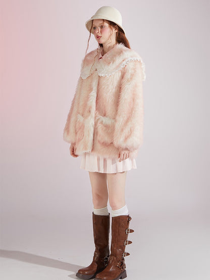 Gradient Double Collar Fur Coat