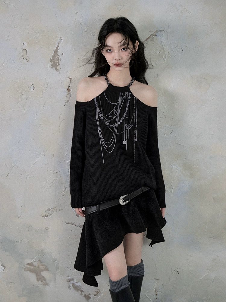 Halter Chain Design Cut-Shoulder Sweater