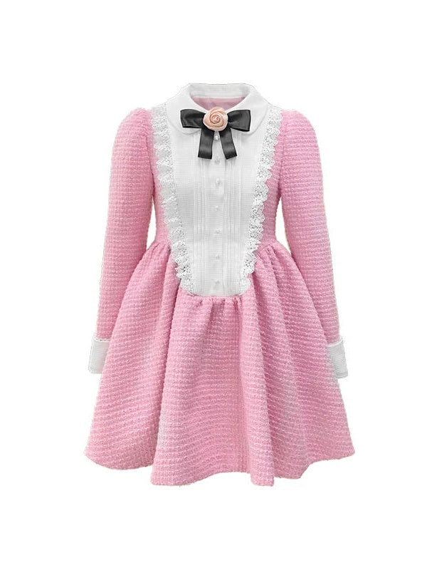 Bow Flower Brooch Puff Sleeve Dress