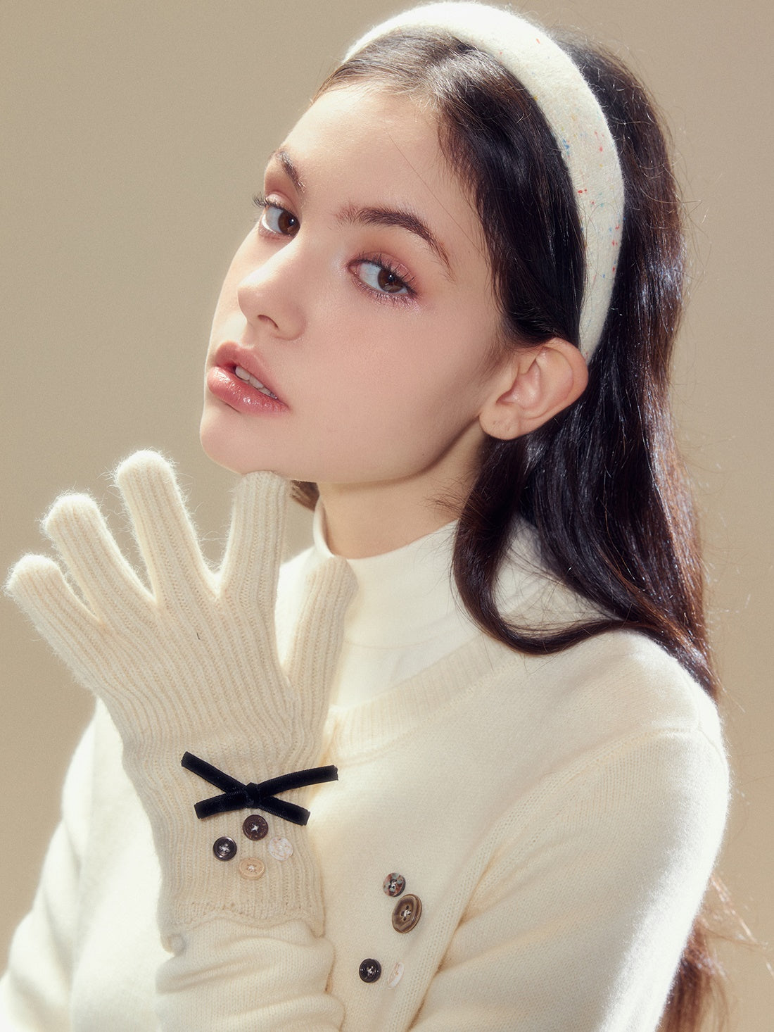 Bow Hand-button Knitted Five-finger Gloves