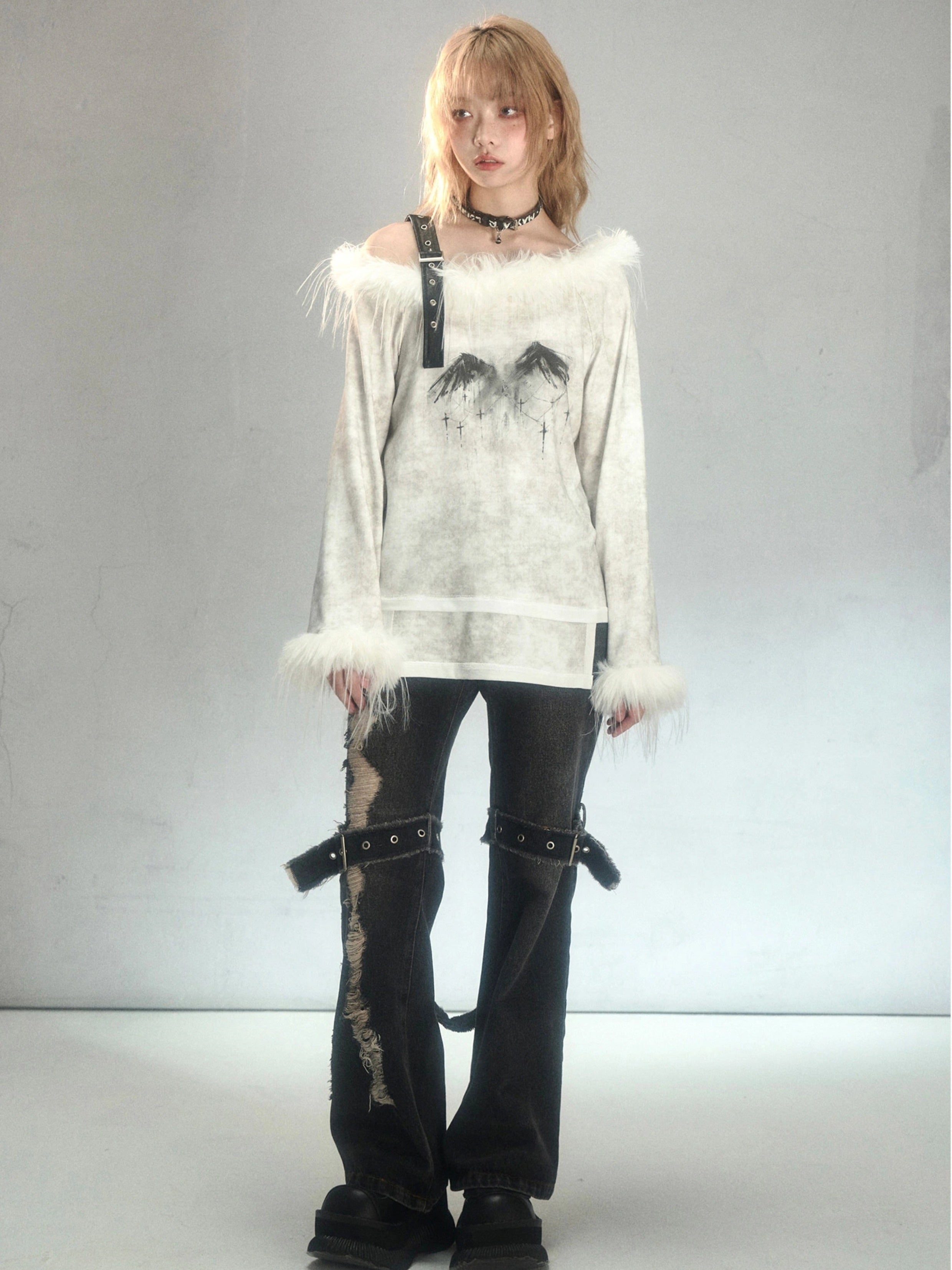 Fur Belt One-line Collar Printed Long-sleeved T-shirt