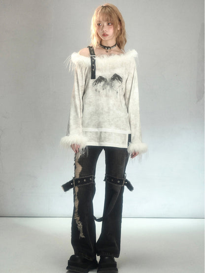 Fur Belt One-line Collar Printed Long-sleeved T-shirt