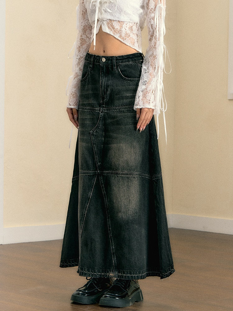 Retro Washed A Line Patchwork Denim Skirt