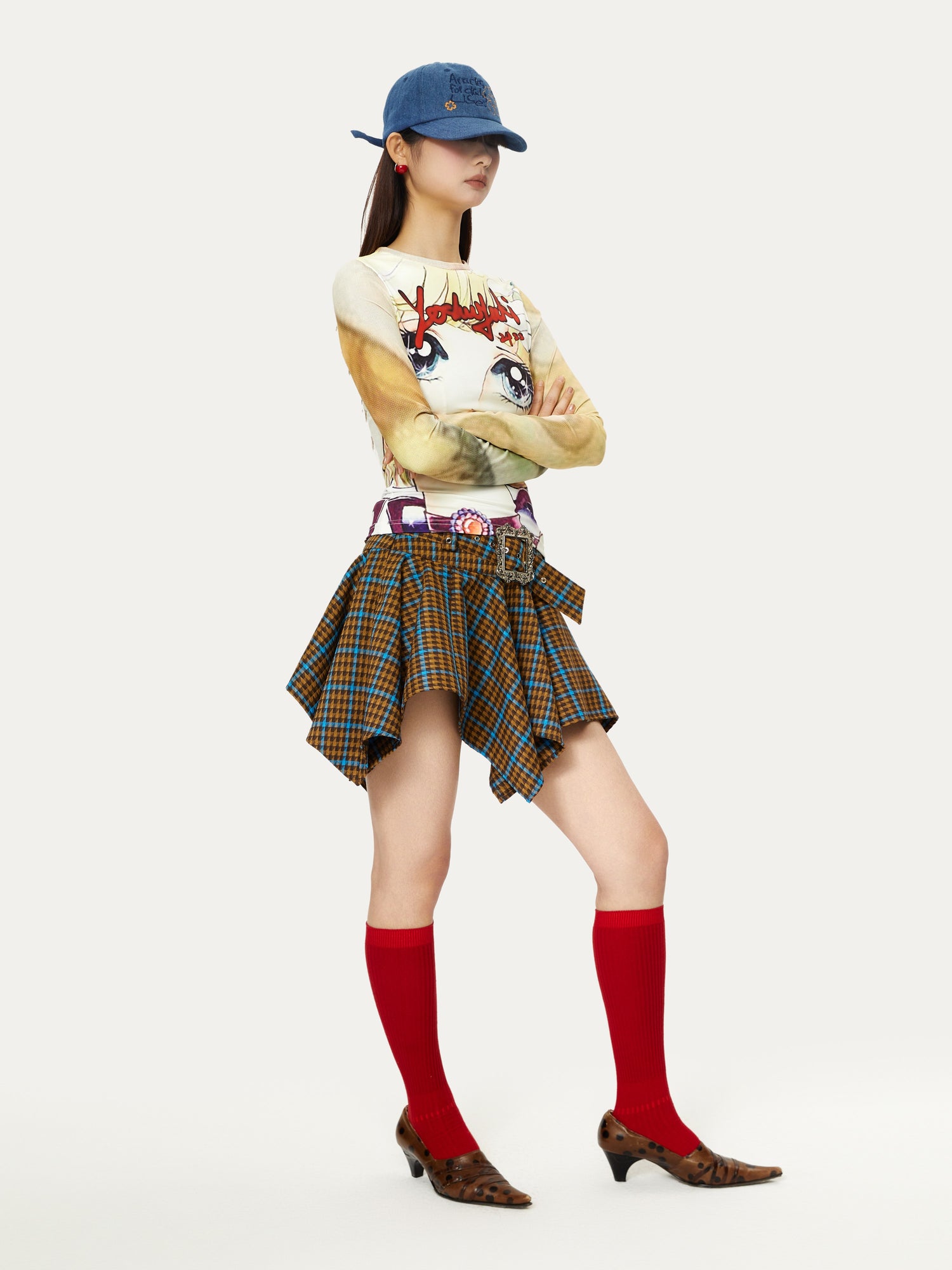 Contrast Plaid Wide Waist Design Irregular Hem Short Skirt