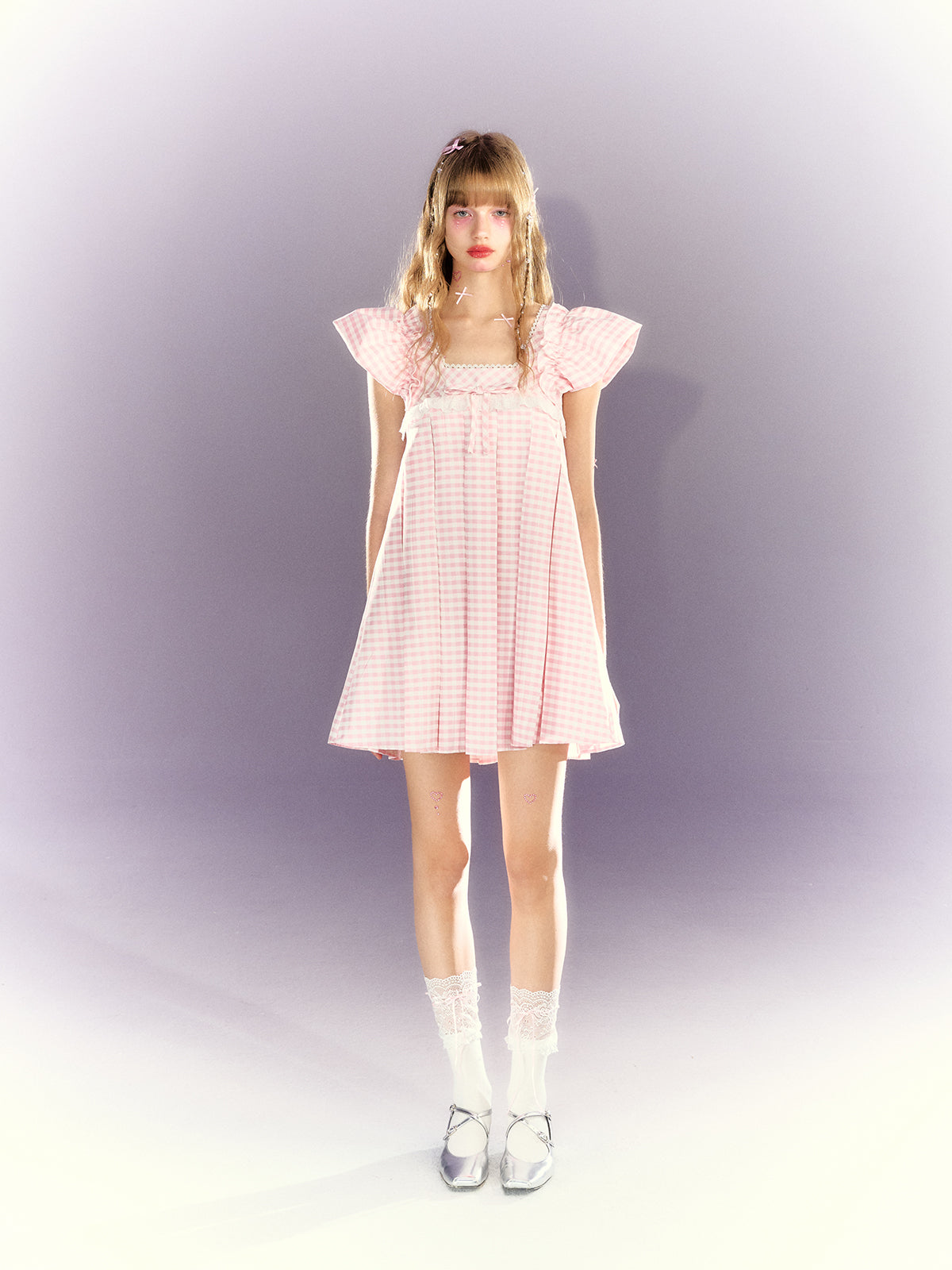 Plaid Bow Lace Square Collar Babydoll Dress