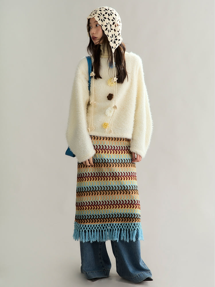 Flower-Motif Retro Sweet Loose Mohair-Knit