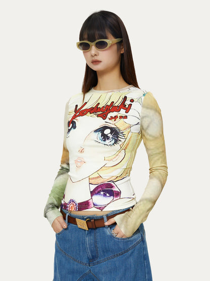 Girl Printed Round Neck Tight Bottoming Shirt