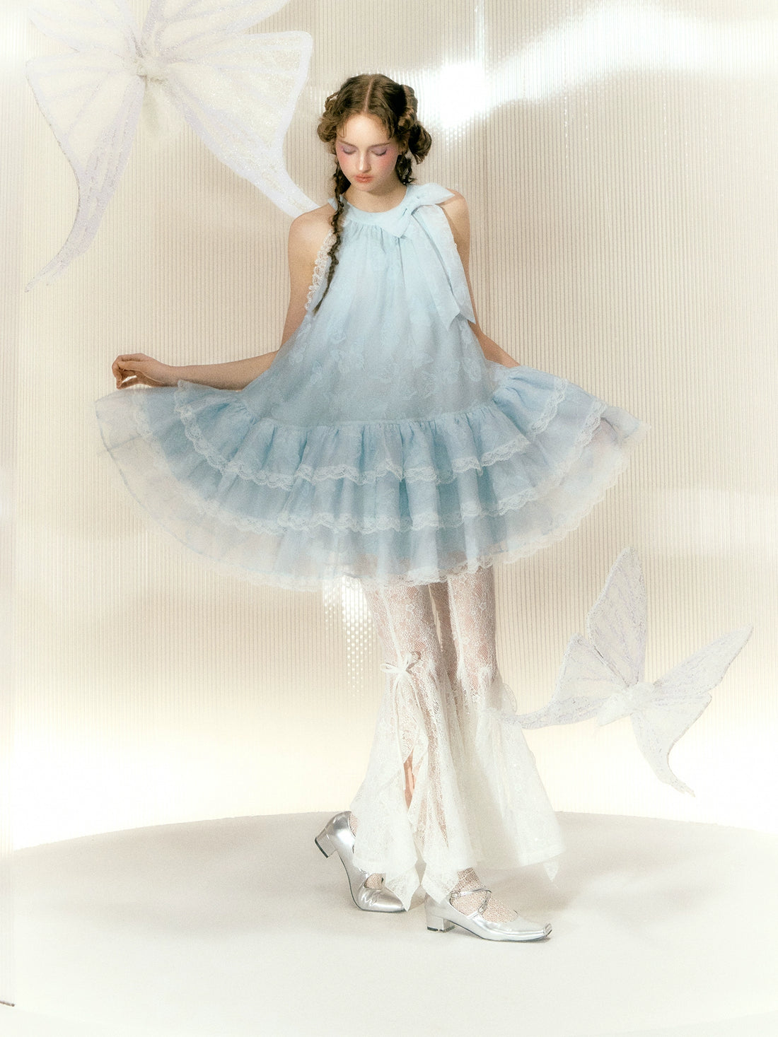 Narrator Original Design Mint Blue Butterfly Organza Lace Halter Sleeveless Dress