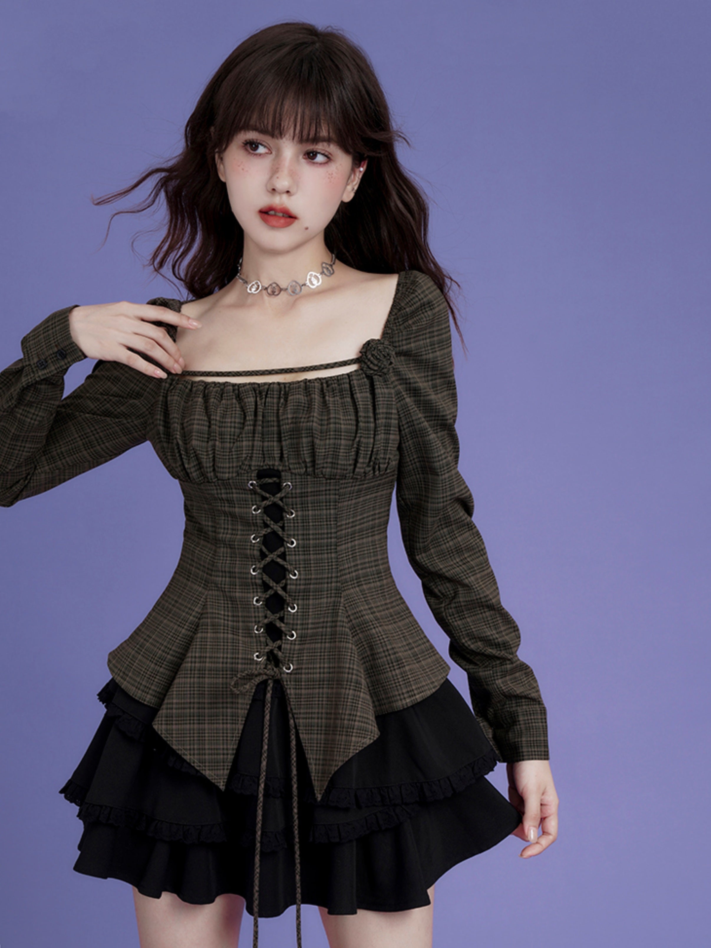 Plaid Lace-Up Irregular Hem Top