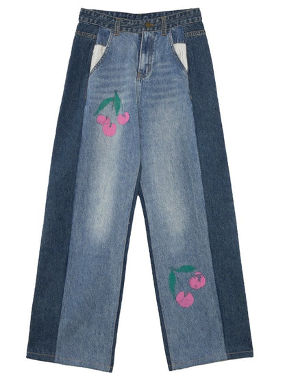 Cherry Print Washed Contrast Stitching Straight Denim Pants