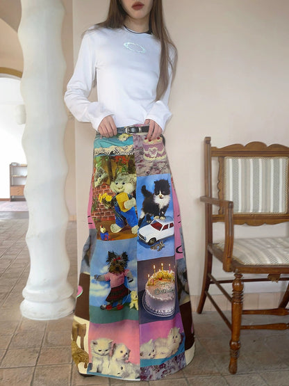 Cute Cat Cake Birthday Print Casual Long Skirt