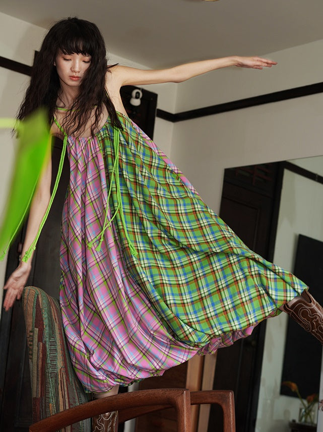 Plaid Stitching Braided Rope Loose Sling Dress