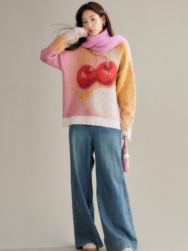 Cherry Gradient Jacquard Loose Pullover Sweater