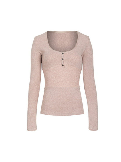 Simple U-Neck Long-Sleeve Slim Plain Cutsew