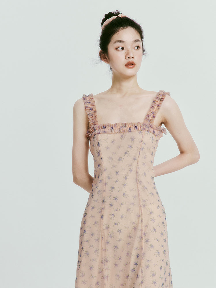 Mesh Double Layer Floral Strap Dress