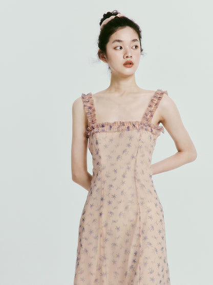 Mesh Double Layer Floral Strap Dress