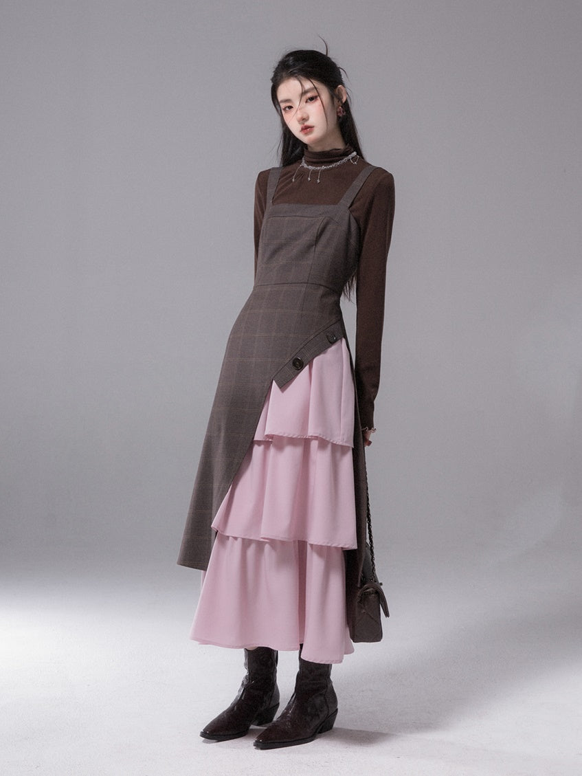 Contrast Color Suspender Dress &amp;  Neckline Shirting Bottom Shirt Set-up