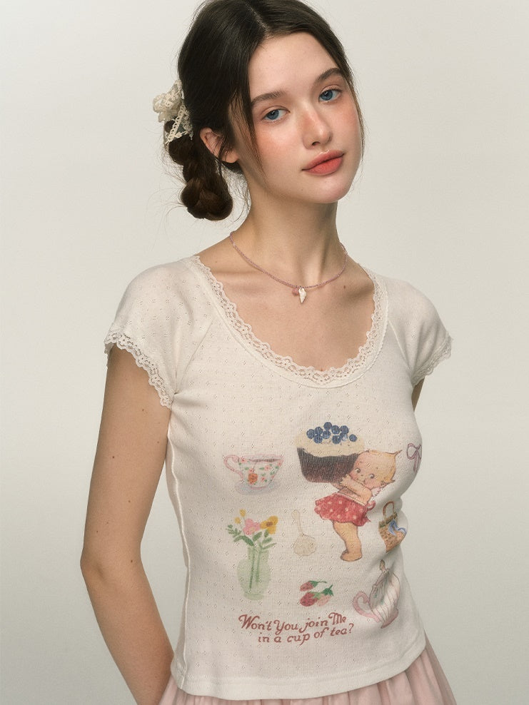 Afternoon Tea Print Sweet Slim Fit T-shirt