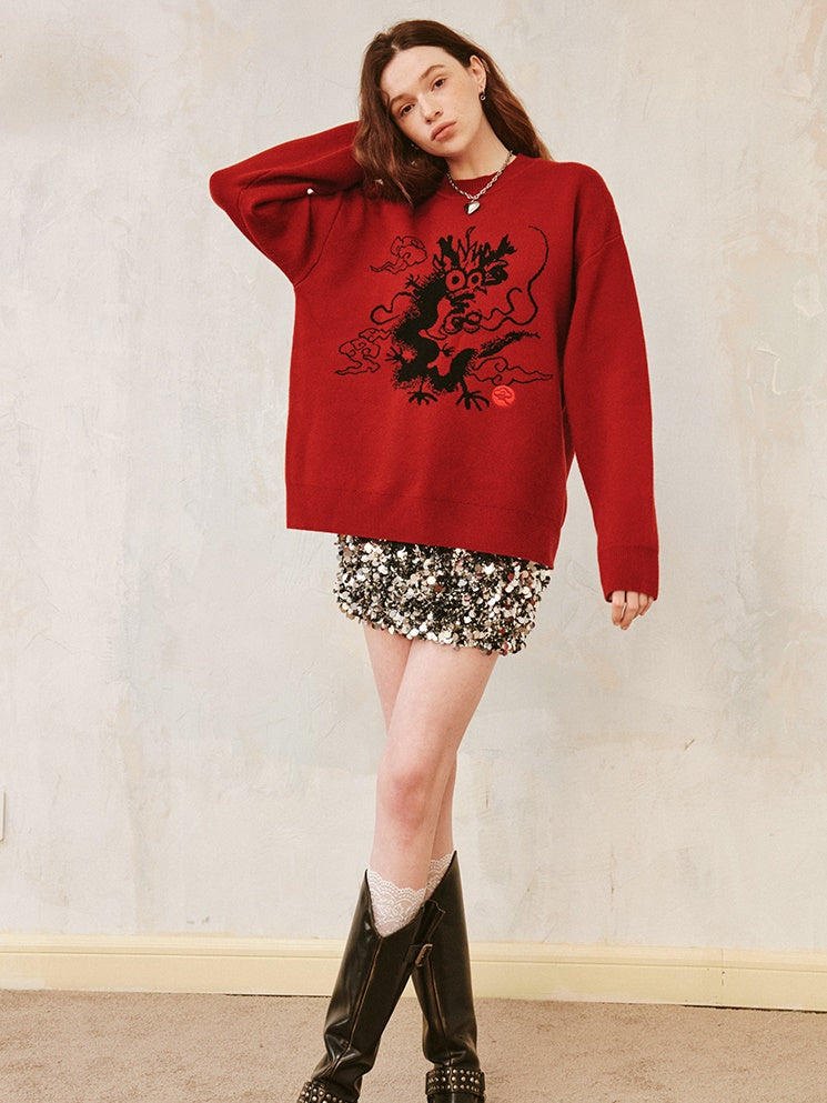 Dragon Design Round Neck Drop-Shoulder-Pullover