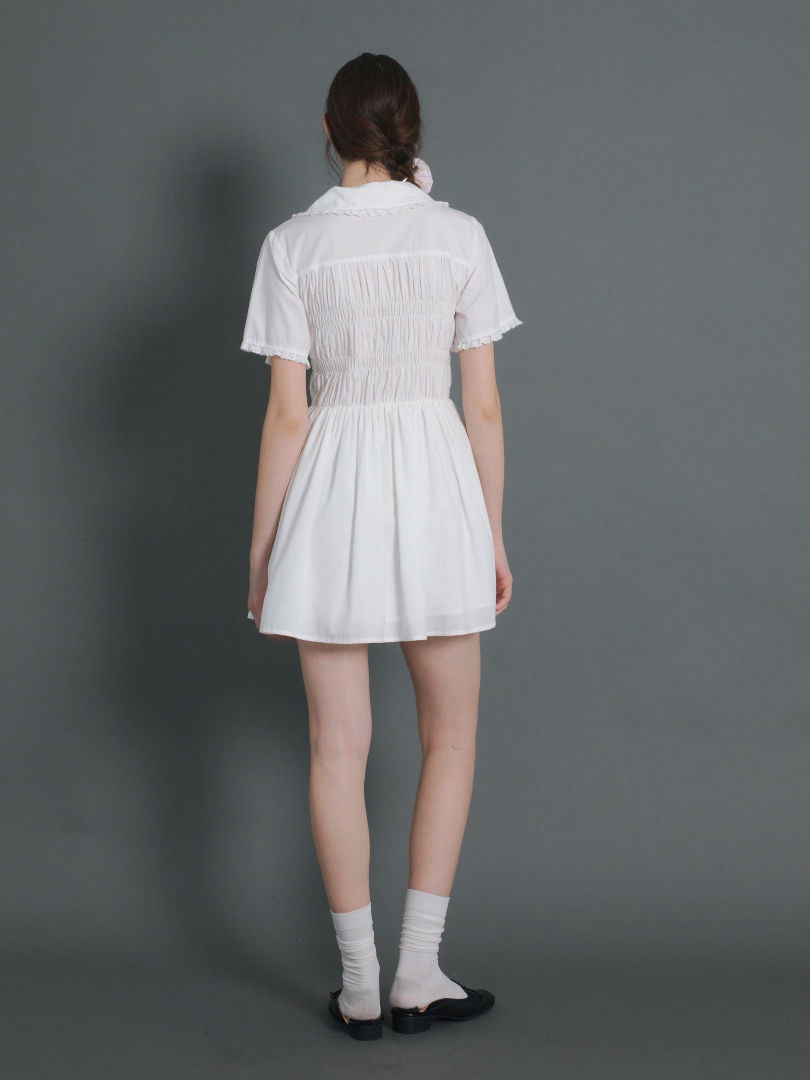 Doll Neck Gather Short Sleeve One-piece