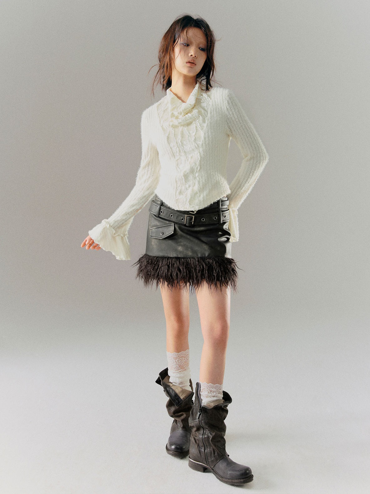 Retro Stitching Fur Double Belt Tie-dye Leather Skirt