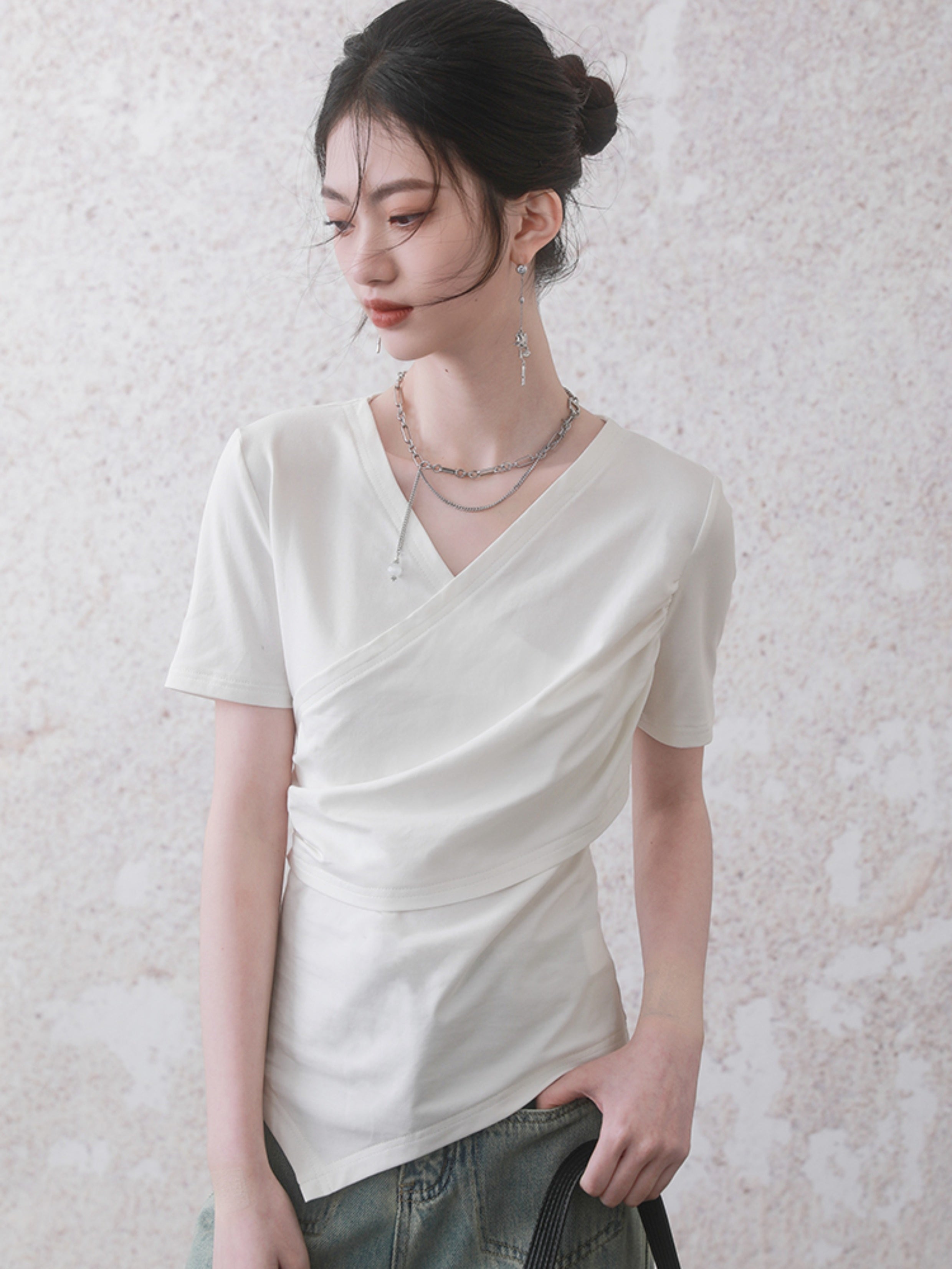 Detachable Neck Ribbon Wrinkled Short-sleeved T-shirt