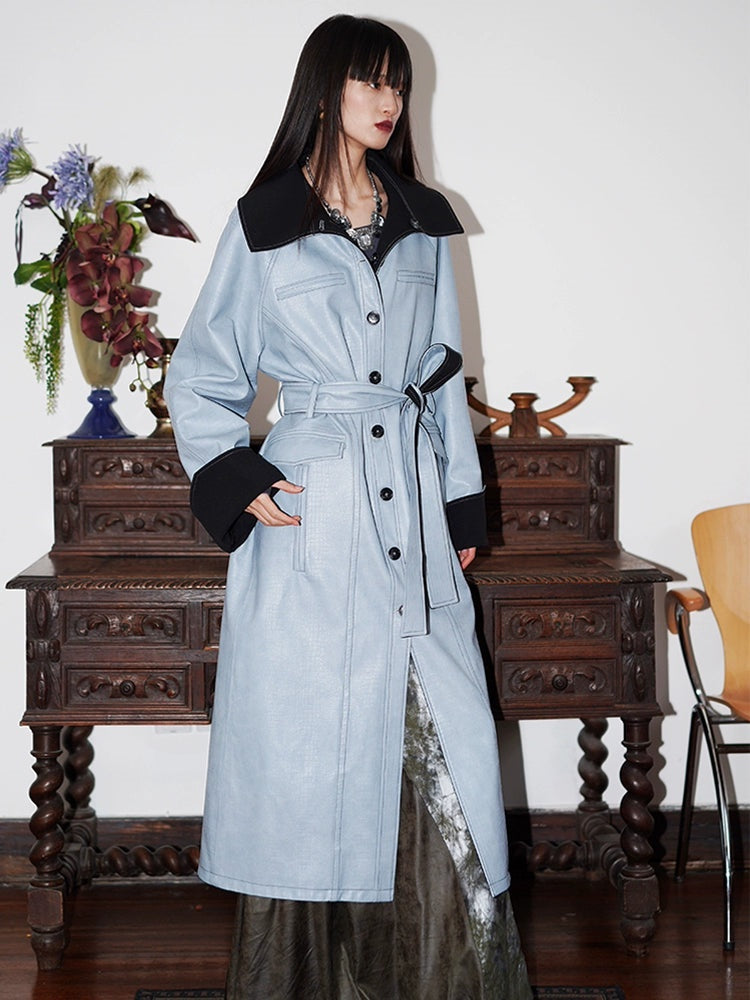 Reversible Belted Leather Long Coat