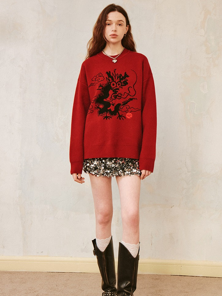 Dragon Design Round Neck Drop-Shoulder-Pullover