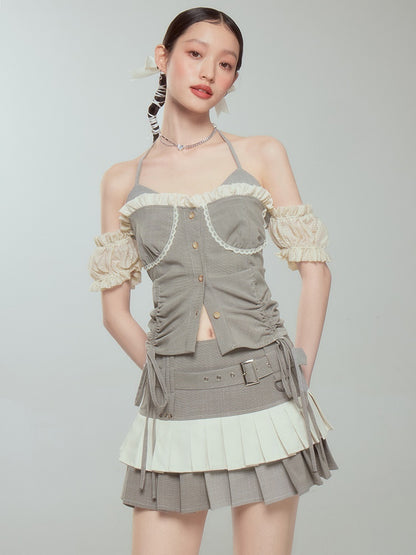 Halter Neck Suspender Top &amp; Short Pleated Cake Skirt