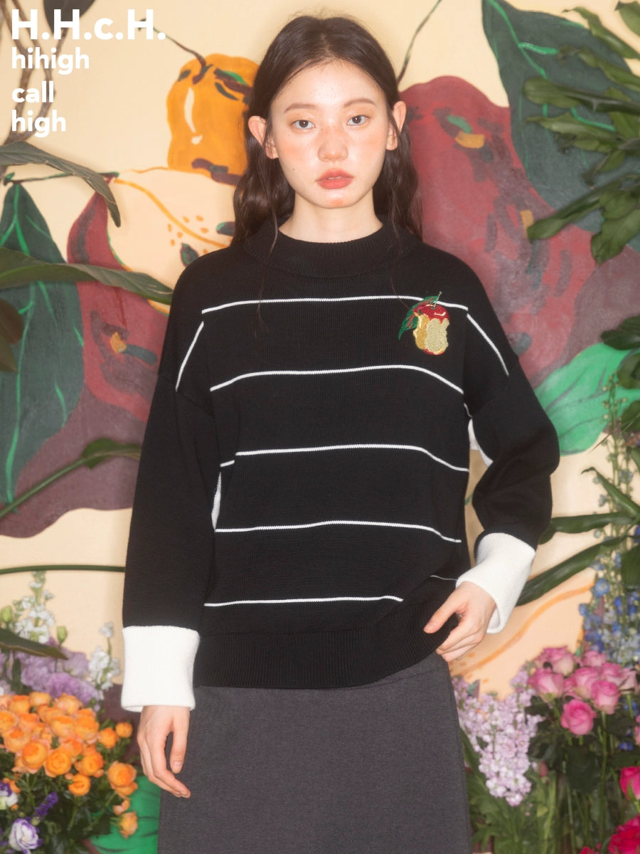 Apple Embroidery Border Round Neck Sweater