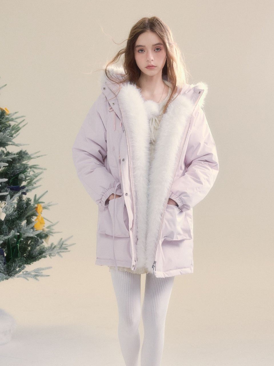 Horn Button Warm Fur Edge Hood Down Jacket