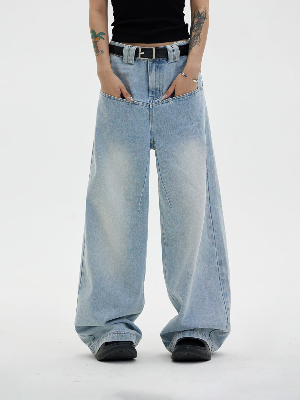 Unisex Faded Wide-Leg Simple Denim Pants