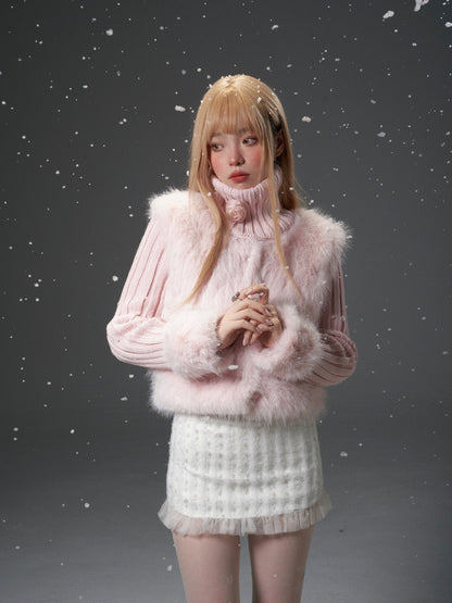 Knitted Neck &amp; Sleeve Splicing Detachable Fur Jacket