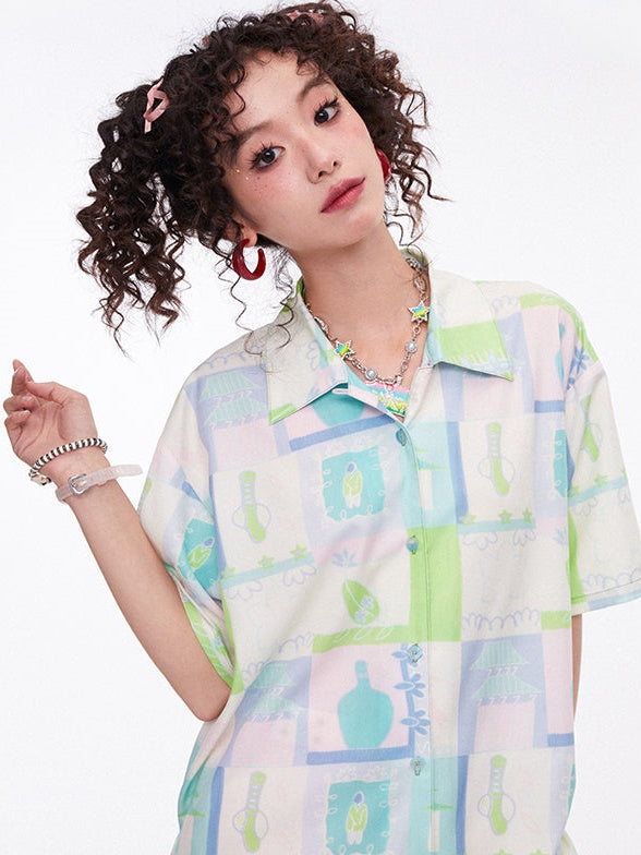 Retro Print Short-Sleeed Shirt