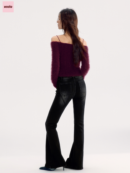 Fluffily Off-Shoulder Strap Mohair-Knit