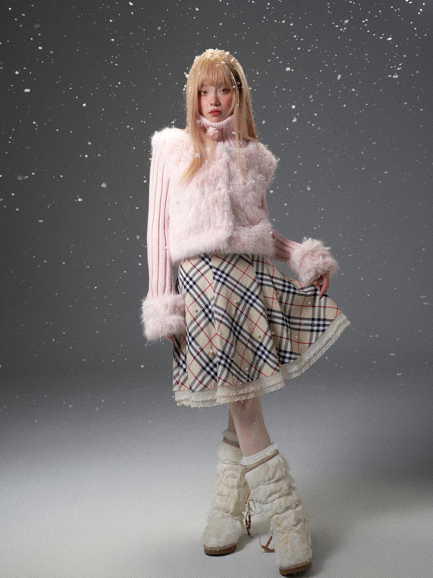 Knitted Neck &amp; Sleeve Splicing Detachable Fur Jacket