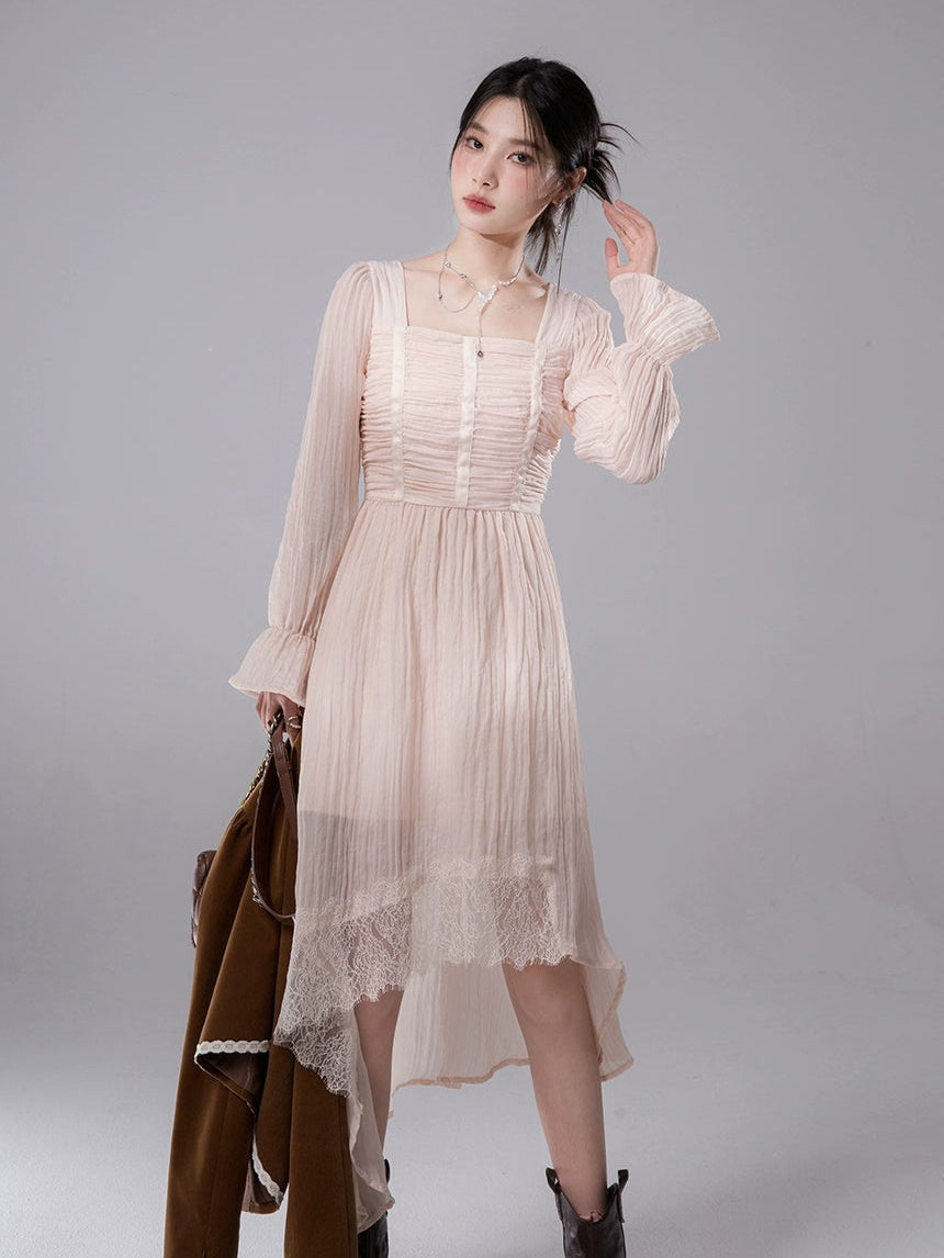 Pleats Irregular Hem Lace Long-sleeved Dress