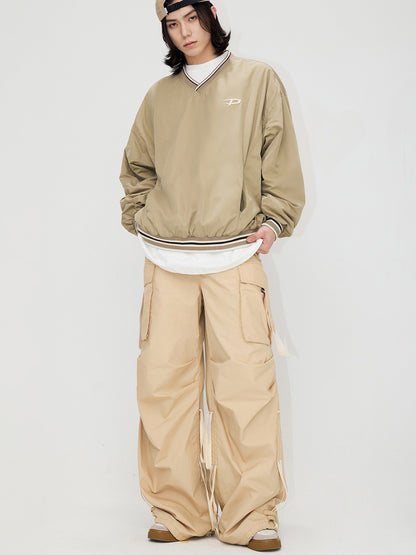 Drawstrings Color Matching Knee Pleated Loose Parachute Pants