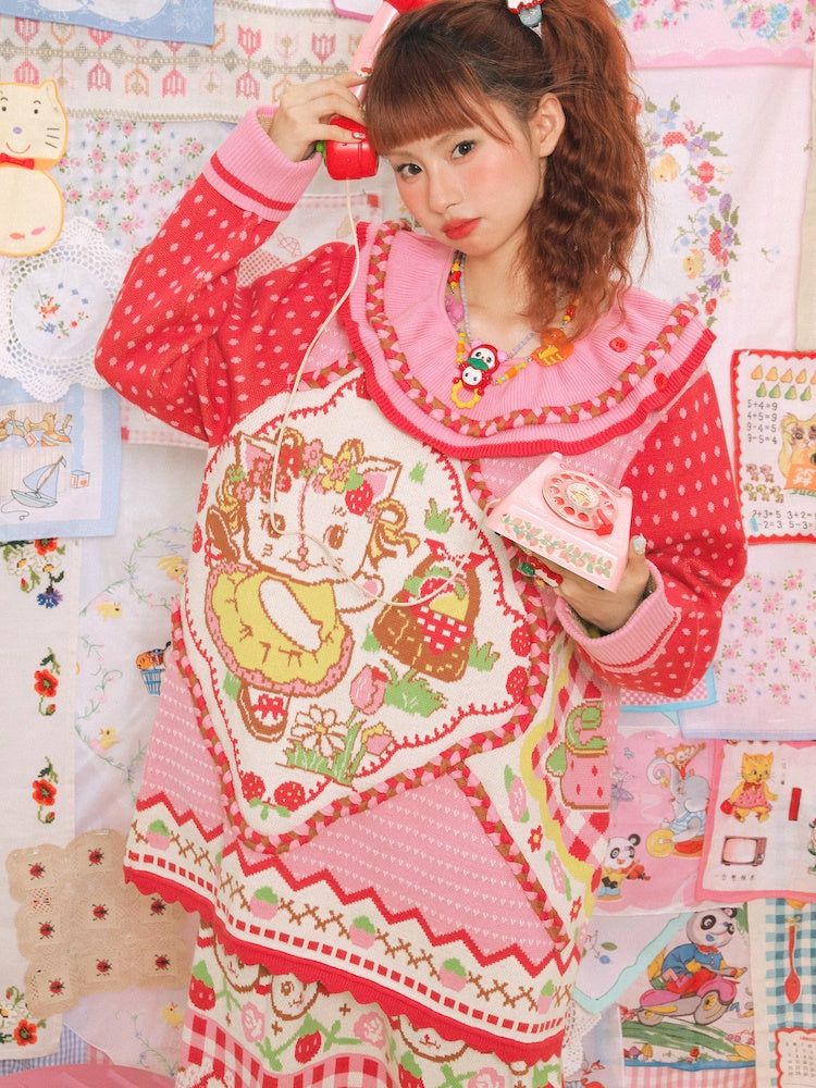 Large Lapel Cat Strawberry Jacquard Pullover Sweater