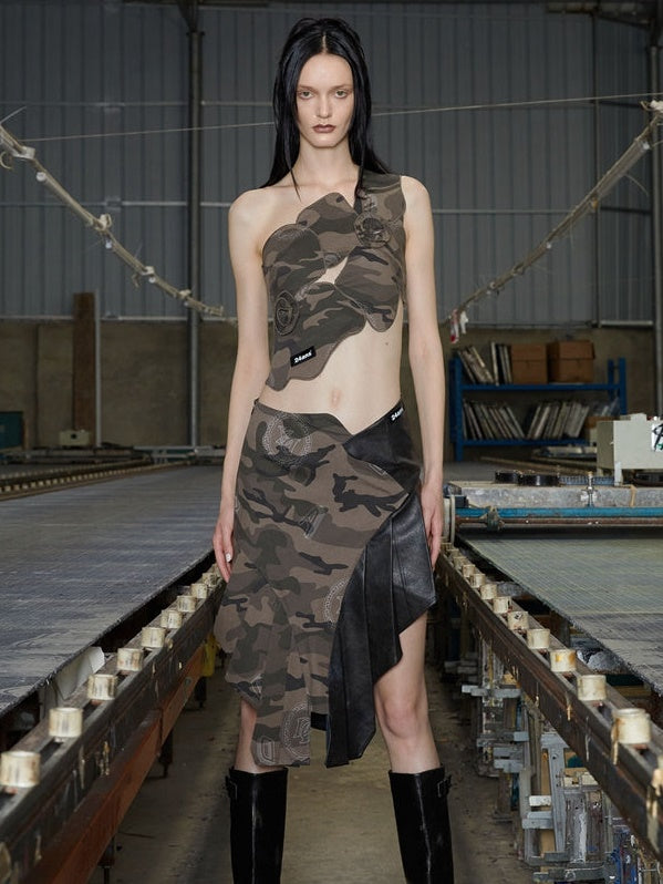 Camouflage &amp; Check Asymmetry Sleeveless Top &amp; Skirt