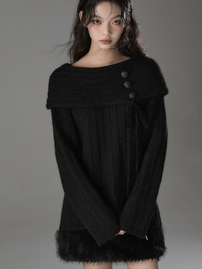 Button Accent One Shoulder Loose Knitted Sweater