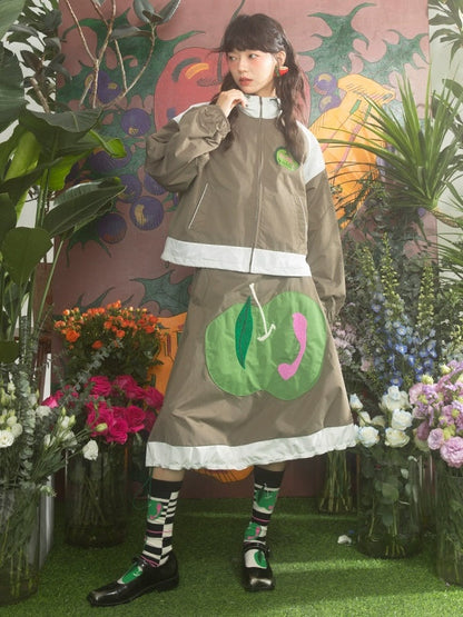 Contrast Stitching Hooded Windbreaker &amp; Patchwork A-Line Skirt