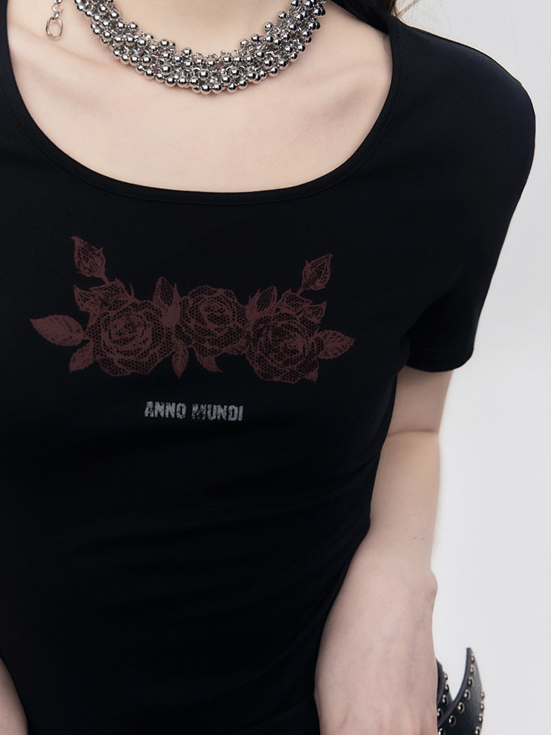 Lace Rose Print Short-sleeved T-shirt